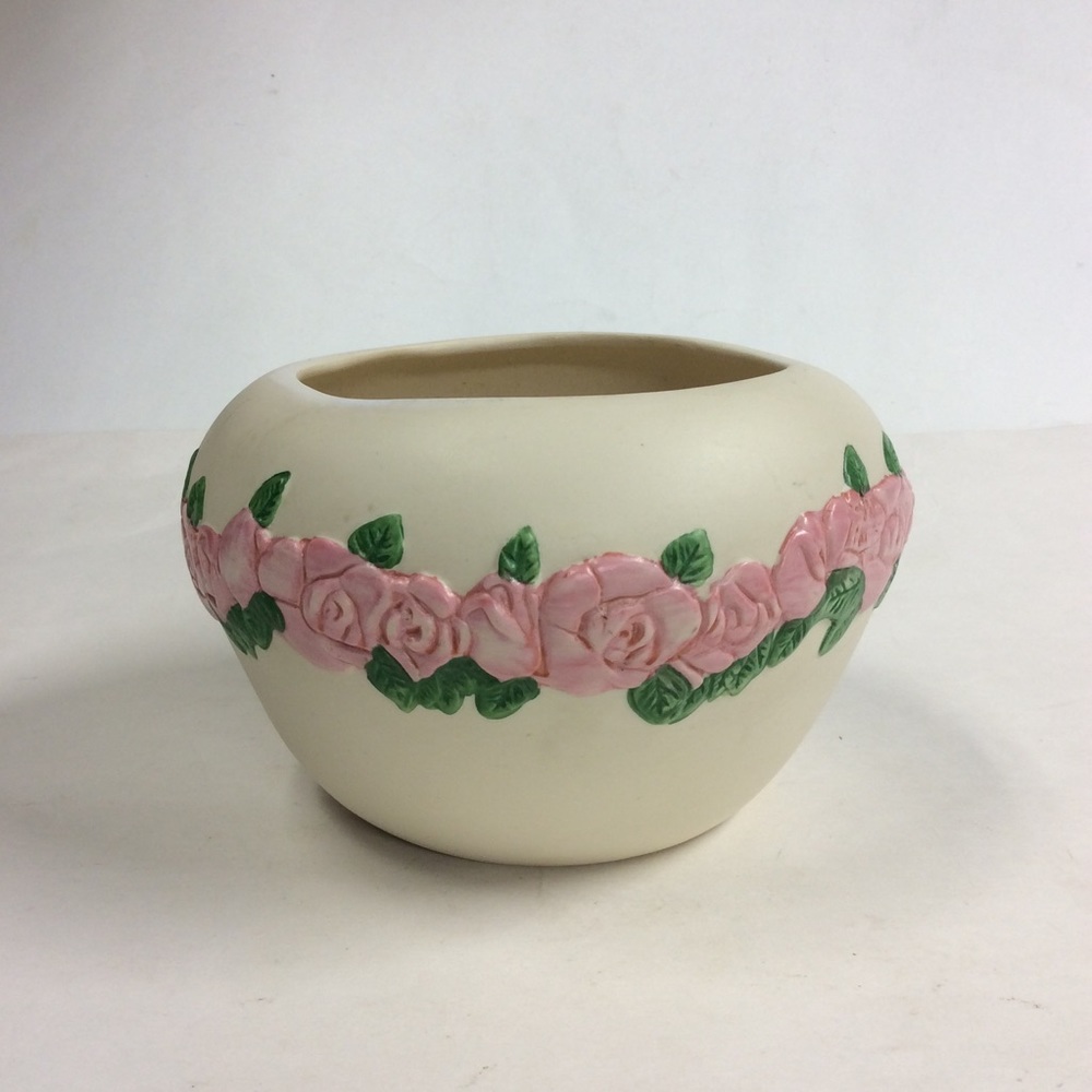 Vintage Round Rose Floral Ceramic Pot Vase